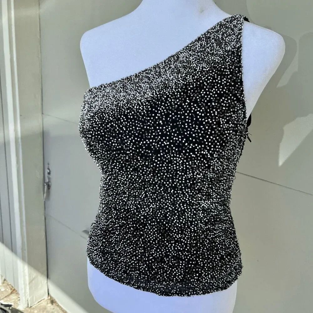 VTG Scala Beaded Silk One Shoulder Asymmetrical Top Black Silver M